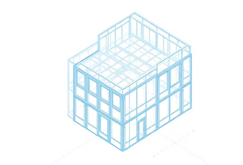 Isometric wireframe of a modular façade building